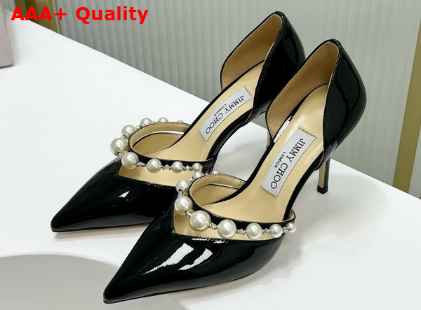 Jimmy Choo Aurelie 65 Black Patent Leather Pointed Pumps with Pearl Embellishment Replica