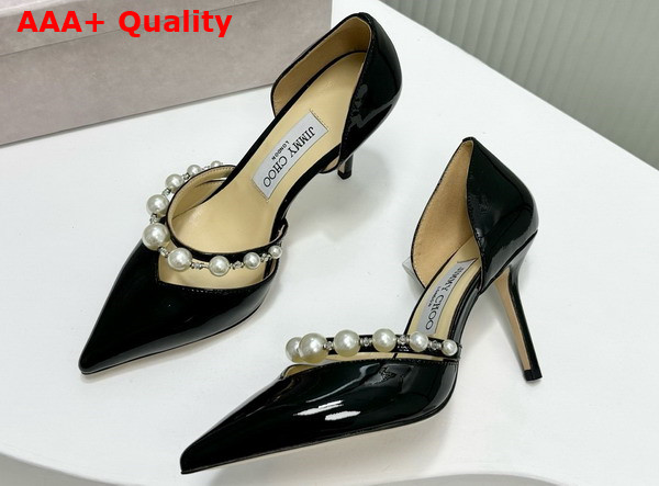 Jimmy Choo Aurelie 65 Black Patent Leather Pointed Pumps with Pearl Embellishment Replica