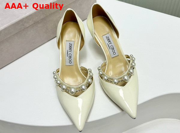 Jimmy Choo Aurelie 65 Latte Patent Leather Pointed Pumps with Pearl Embellishment Replica