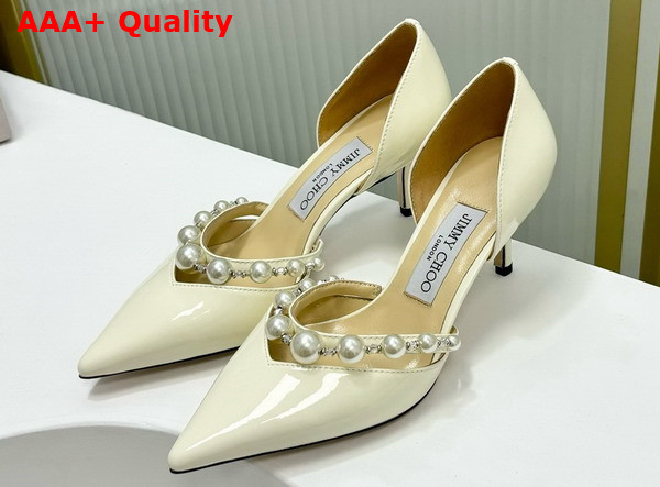 Jimmy Choo Aurelie 65 Latte Patent Leather Pointed Pumps with Pearl Embellishment Replica