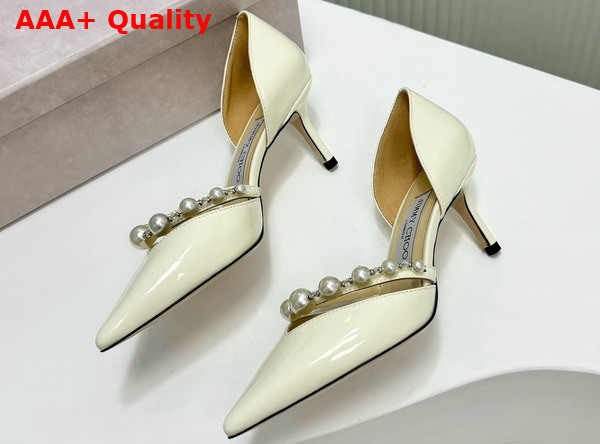 Jimmy Choo Aurelie 65 Latte Patent Leather Pointed Pumps with Pearl Embellishment Replica