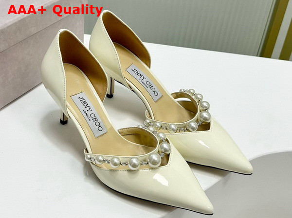 Jimmy Choo Aurelie 65 Latte Patent Leather Pointed Pumps with Pearl Embellishment Replica