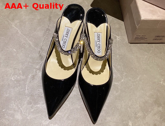 Jimmy Choo Bing 65 Mules in Black Patent Leather with Crystal Strap Replica