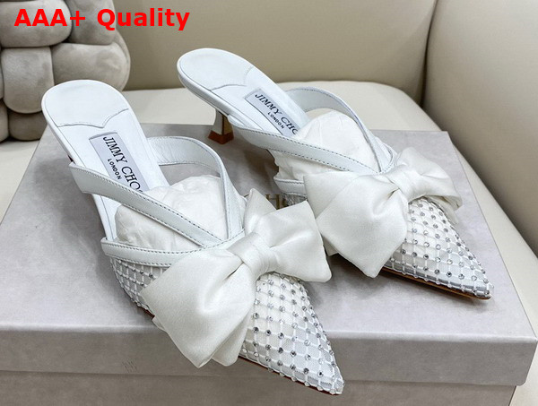 Jimmy Choo Flaca Mule 50 White Crystal Mesh and Leather Replica