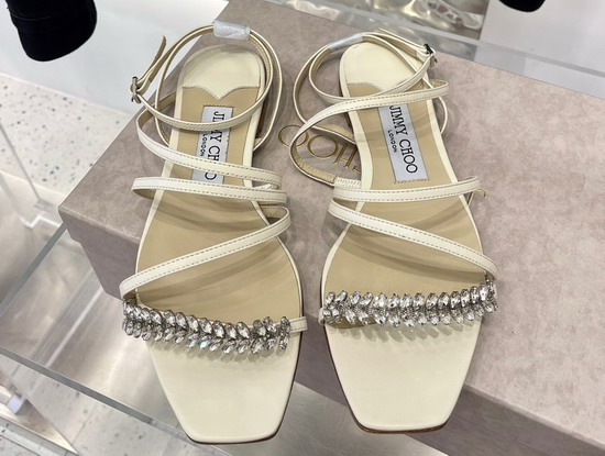 Jimmy Choo Flat Sandal in White Leather with Leaf Crystals Embellishment Replica