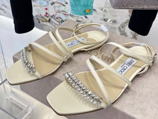 Jimmy Choo Flat Sandal in White Leather with Leaf Crystals Embellishment Replica