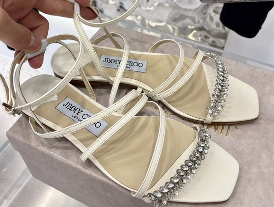 Jimmy Choo Flat Sandal in White Leather with Leaf Crystals Embellishment Replica