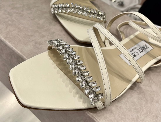 Jimmy Choo Flat Sandal in White Leather with Leaf Crystals Embellishment Replica