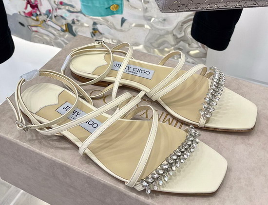 Jimmy Choo Flat Sandal in White Leather with Leaf Crystals Embellishment Replica