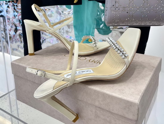 Jimmy Choo High Heel Sandal in White Leather with Leaf Crystals Embellishment Replica