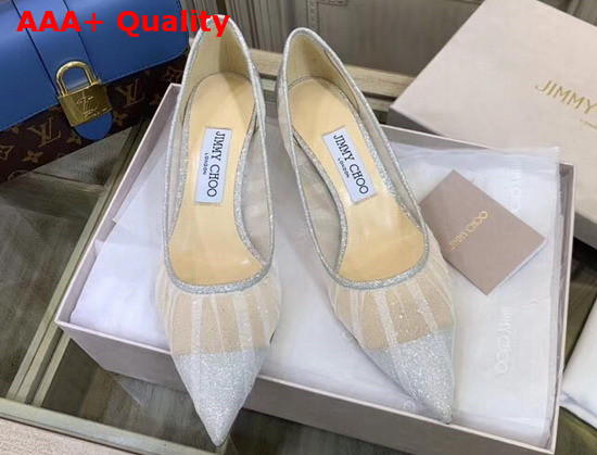 Jimmy Choo Love 65 Metallic Silver Glitter Fabric Pumps with Ivory Tulle Overlay Replica