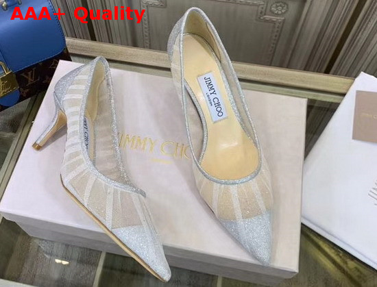 Jimmy Choo Love 65 Metallic Silver Glitter Fabric Pumps with Ivory Tulle Overlay Replica