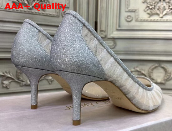 Jimmy Choo Love 65 Metallic Silver Glitter Fabric Pumps with Ivory Tulle Overlay Replica