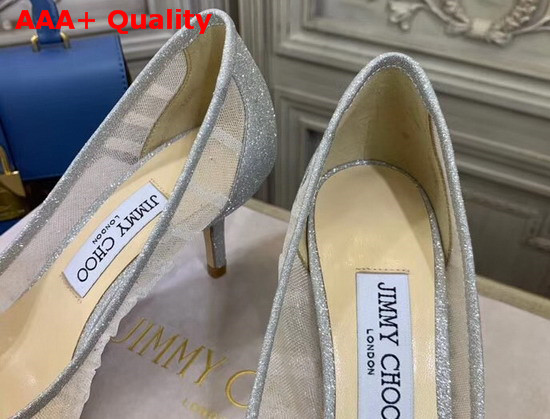 Jimmy Choo Love 65 Metallic Silver Glitter Fabric Pumps with Ivory Tulle Overlay Replica