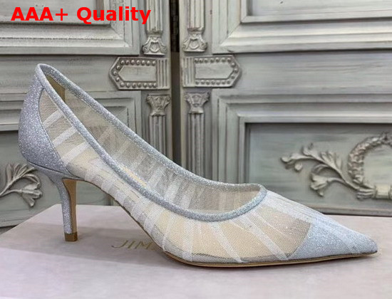 Jimmy Choo Love 65 Metallic Silver Glitter Fabric Pumps with Ivory Tulle Overlay Replica