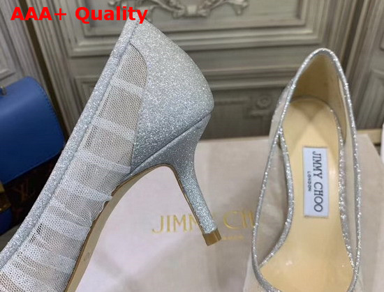 Jimmy Choo Love 65 Metallic Silver Glitter Fabric Pumps with Ivory Tulle Overlay Replica