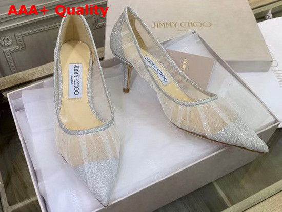 Jimmy Choo Love 65 Metallic Silver Glitter Fabric Pumps with Ivory Tulle Overlay Replica