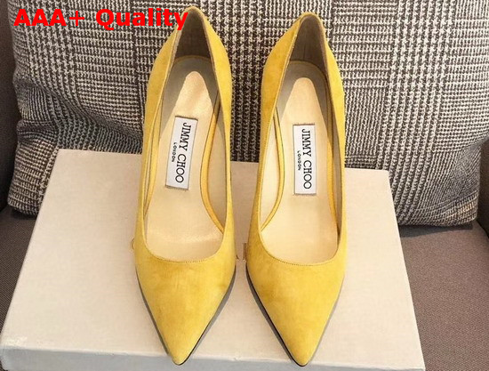 Jimmy Choo Love 65 Yellow Suede Pointed Pumps with JC Emblem Replica