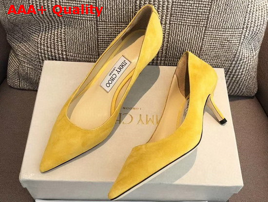 Jimmy Choo Love 65 Yellow Suede Pointed Pumps with JC Emblem Replica