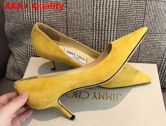 Jimmy Choo Love 65 Yellow Suede Pointed Pumps with JC Emblem Replica