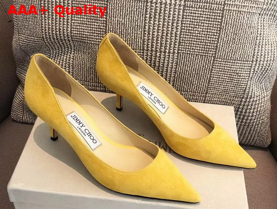 Jimmy Choo Love 65 Yellow Suede Pointed Pumps with JC Emblem Replica