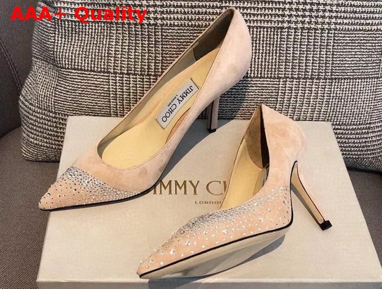 Jimmy Choo Love 85 Ballet Pink Suede Pointed Pumps with Asymmetric Sprinkled Crystals Replica