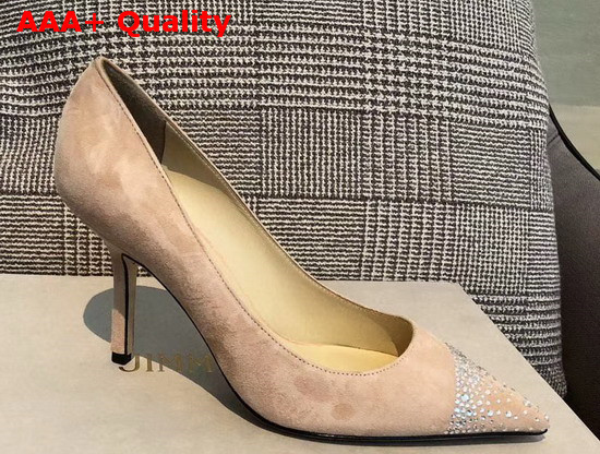 Jimmy Choo Love 85 Ballet Pink Suede Pointed Pumps with Asymmetric Sprinkled Crystals Replica