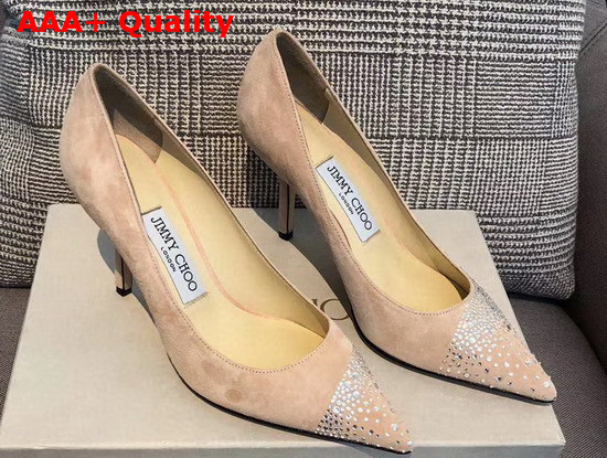 Jimmy Choo Love 85 Ballet Pink Suede Pointed Pumps with Asymmetric Sprinkled Crystals Replica