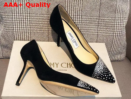 Jimmy Choo Love 85 Black Suede Pointed Pumps with Asymmetric Sprinkled Crystals Replica