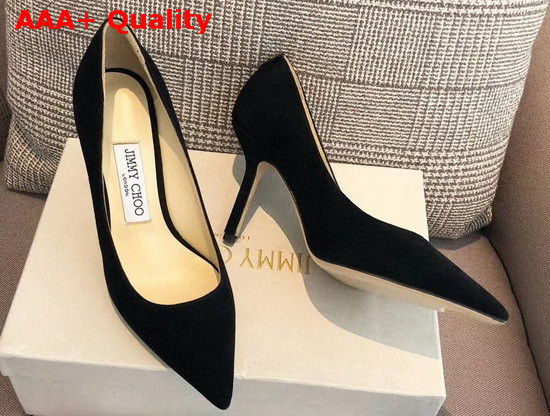 Jimmy Choo Love 85 Black Suede Pointed Pumps with JC Emblem Replica