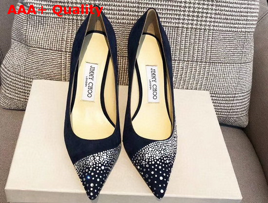 Jimmy Choo Love 85 Blue Suede Pointed Pumps with Asymmetric Sprinkled Crystals Replica