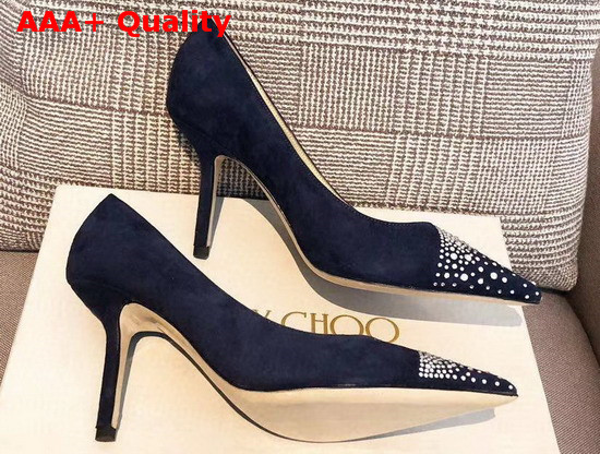 Jimmy Choo Love 85 Blue Suede Pointed Pumps with Asymmetric Sprinkled Crystals Replica