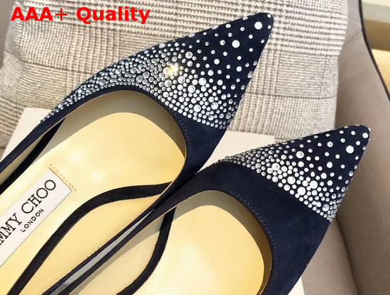 Jimmy Choo Love 85 Blue Suede Pointed Pumps with Asymmetric Sprinkled Crystals Replica