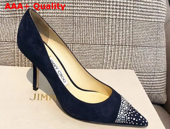 Jimmy Choo Love 85 Blue Suede Pointed Pumps with Asymmetric Sprinkled Crystals Replica