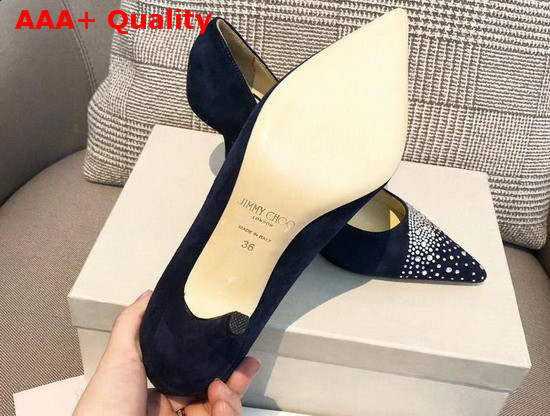 Jimmy Choo Love 85 Blue Suede Pointed Pumps with Asymmetric Sprinkled Crystals Replica