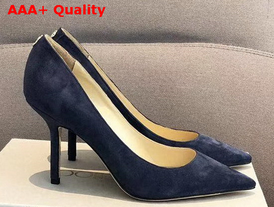 Jimmy Choo Love 85 Blue Suede Pointed Pumps with JC Emblem Replica