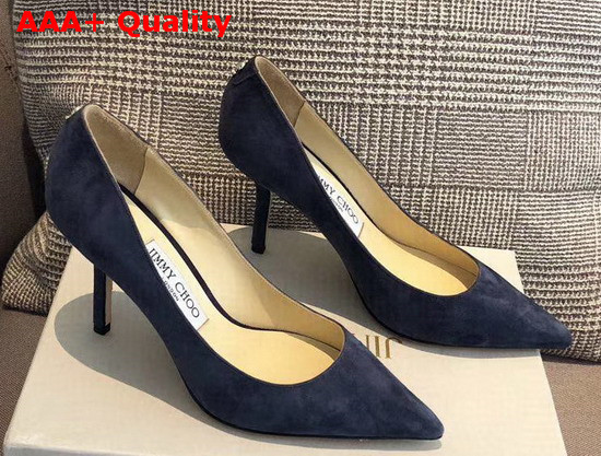 Jimmy Choo Love 85 Blue Suede Pointed Pumps with JC Emblem Replica