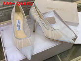 Jimmy Choo Love 85 Metallic Silver Glitter Fabric Pumps with Ivory Tulle Overlay Replica