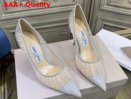 Jimmy Choo Love 85 Metallic Silver Glitter Fabric Pumps with Ivory Tulle Overlay Replica