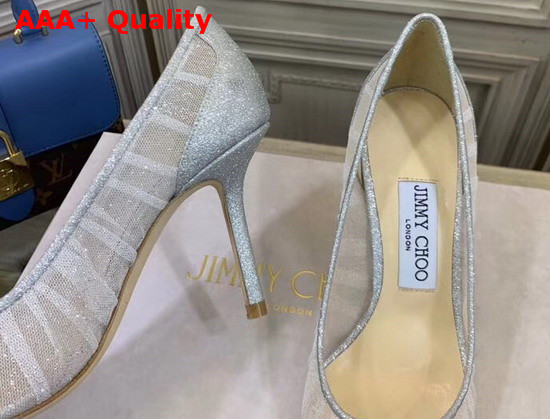 Jimmy Choo Love 85 Metallic Silver Glitter Fabric Pumps with Ivory Tulle Overlay Replica