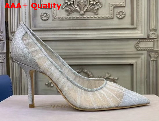 Jimmy Choo Love 85 Metallic Silver Glitter Fabric Pumps with Ivory Tulle Overlay Replica