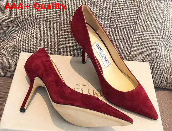 Jimmy Choo Love 85 Red Suede Pointed Pumps with JC Emblem Replica