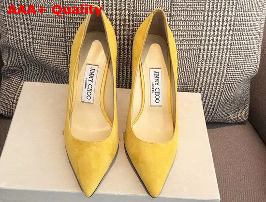 Jimmy Choo Love 85 Yellow Suede Pointed Pumps with JC Emblem Replica