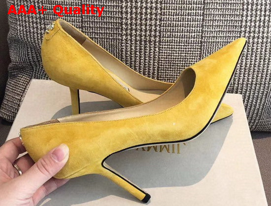 Jimmy Choo Love 85 Yellow Suede Pointed Pumps with JC Emblem Replica