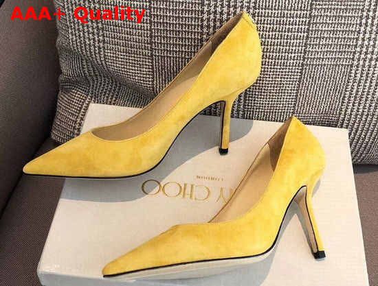 Jimmy Choo Love 85 Yellow Suede Pointed Pumps with JC Emblem Replica