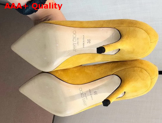 Jimmy Choo Love 85 Yellow Suede Pointed Pumps with JC Emblem Replica