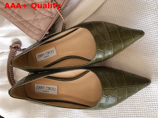 Jimmy Choo Love Flat Green Croc Embossed Leather Flat Pumps Replica