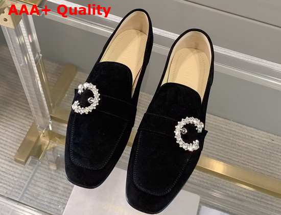 Jimmy Choo Mani Flat Black Suede Loafers with Crystal Buckle Replica