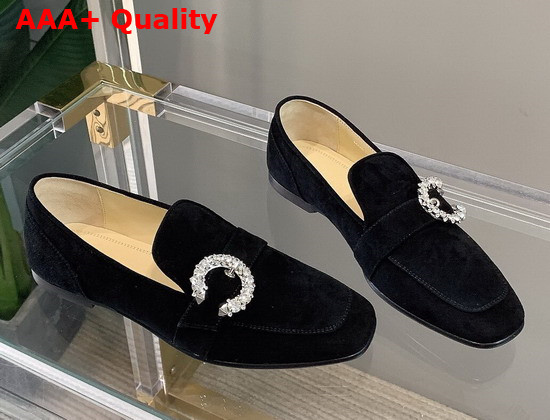 Jimmy Choo Mani Flat Black Suede Loafers with Crystal Buckle Replica