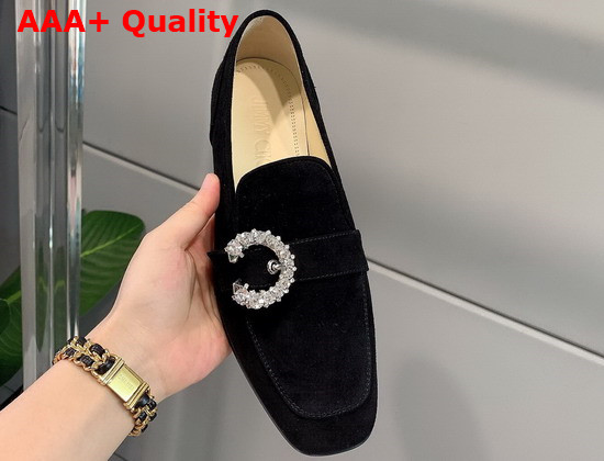 Jimmy Choo Mani Flat Black Suede Loafers with Crystal Buckle Replica